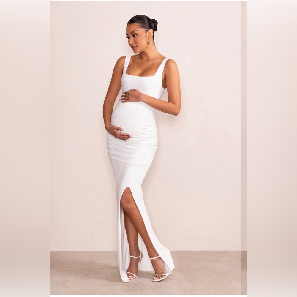 WHITE SQUARE NECK MATERNITY MAXI DRESS WITH SPLIT